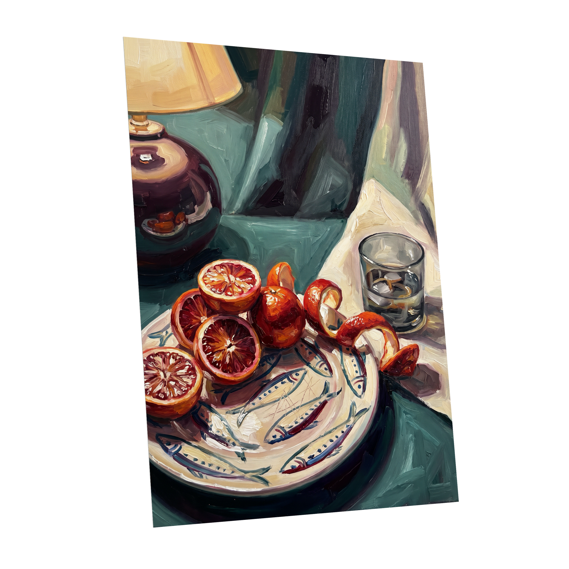 Blood Orange Lamplight, green, beige, orange abstract wall art shown as a unframed poster wall art print