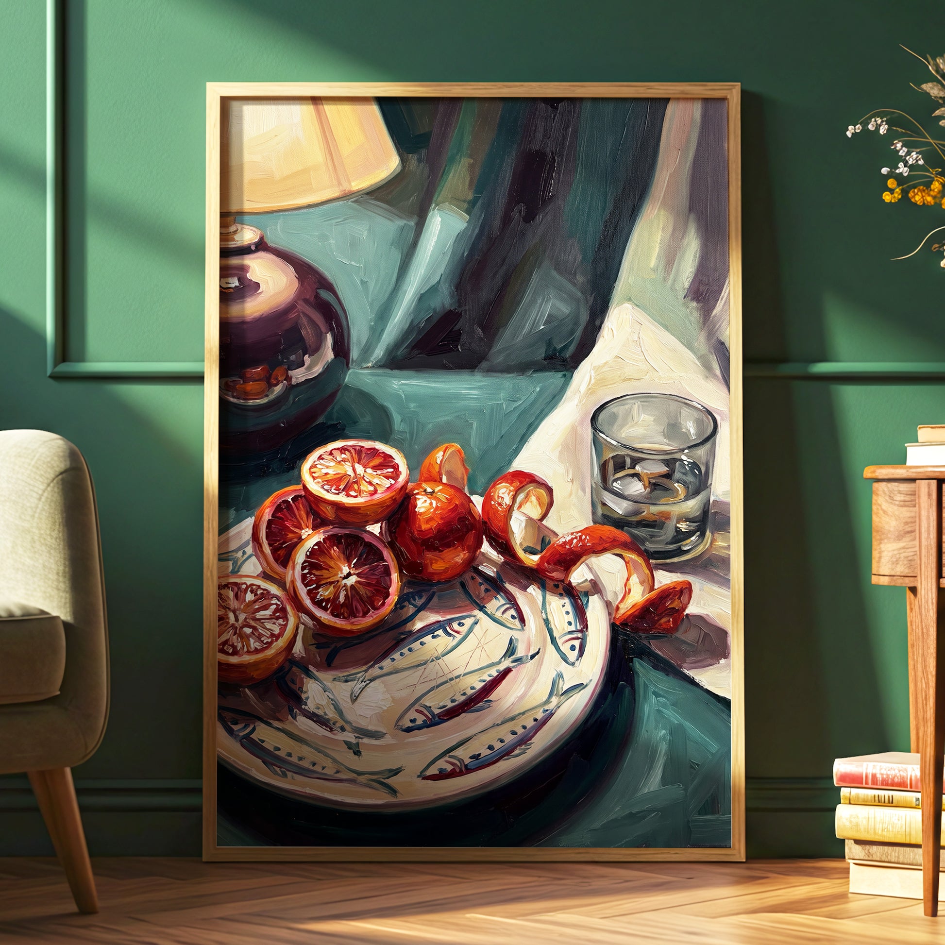 Blood Orange Lamplight, green, beige, orange abstract wall art displayed in a styled interior, gallery view 2