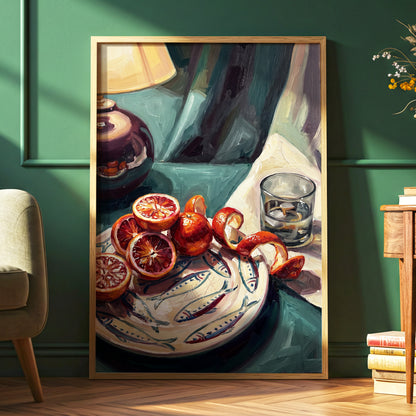 Blood Orange Lamplight, green, beige, orange abstract wall art displayed in a styled interior, gallery view 2