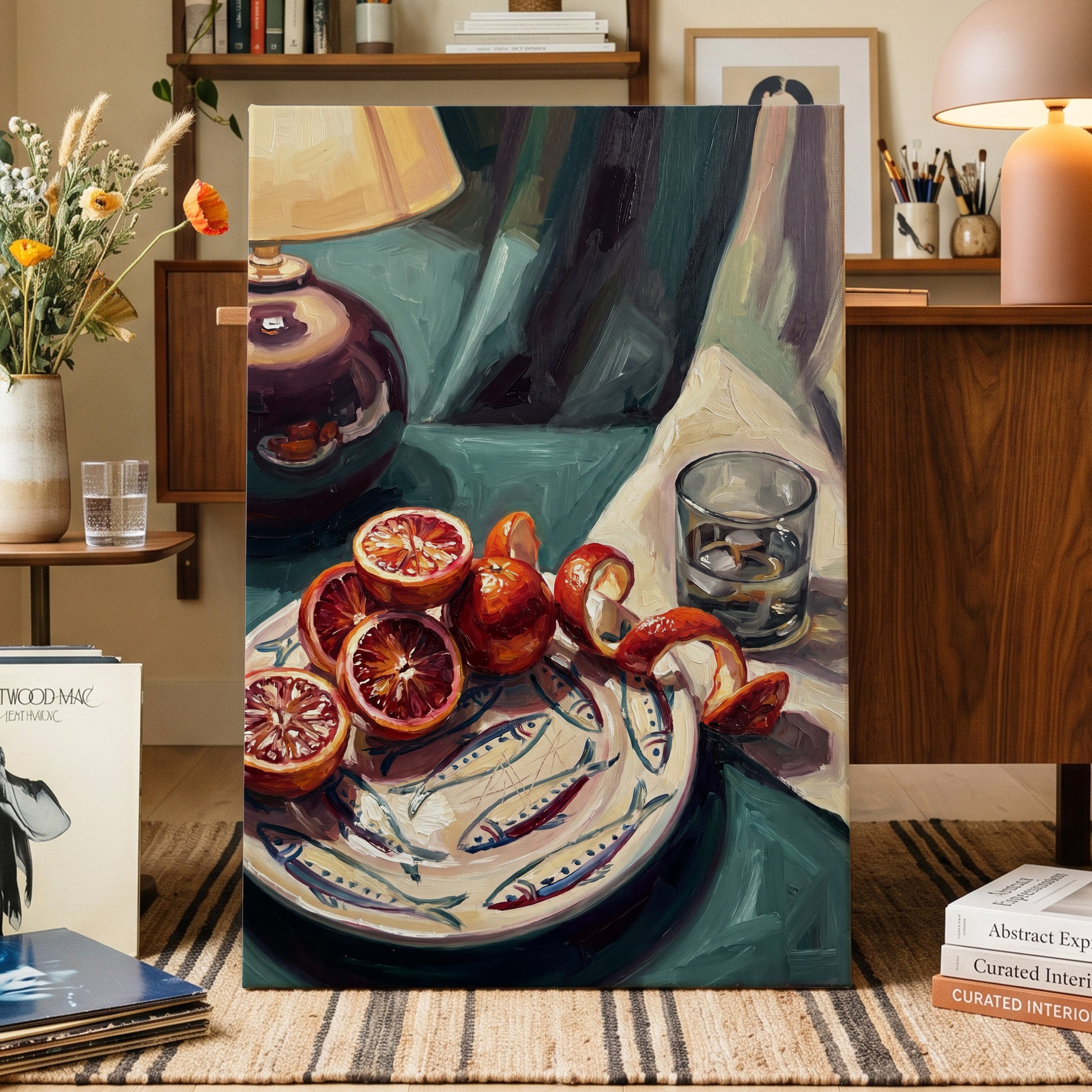 Blood Orange Lamplight, green, beige, orange abstract wall art displayed in a styled interior, gallery view 3