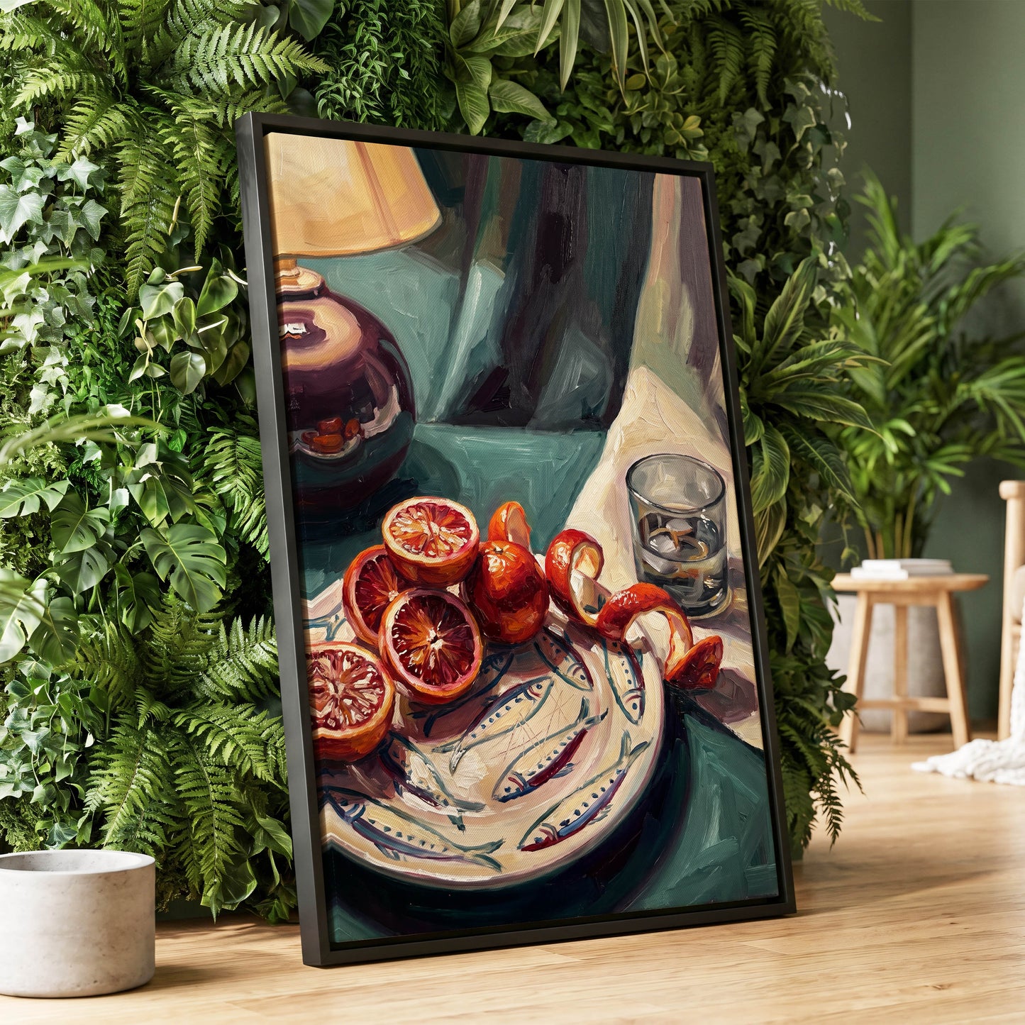 Blood Orange Lamplight, green, beige, orange abstract wall art displayed in a styled interior, gallery view 4