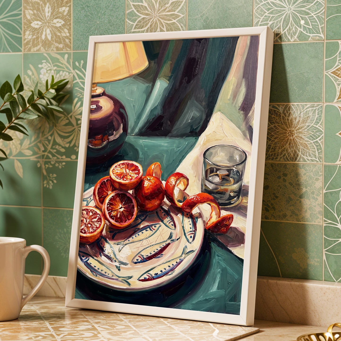 Blood Orange Lamplight, green, beige, orange abstract wall art displayed in a styled interior, gallery view 6