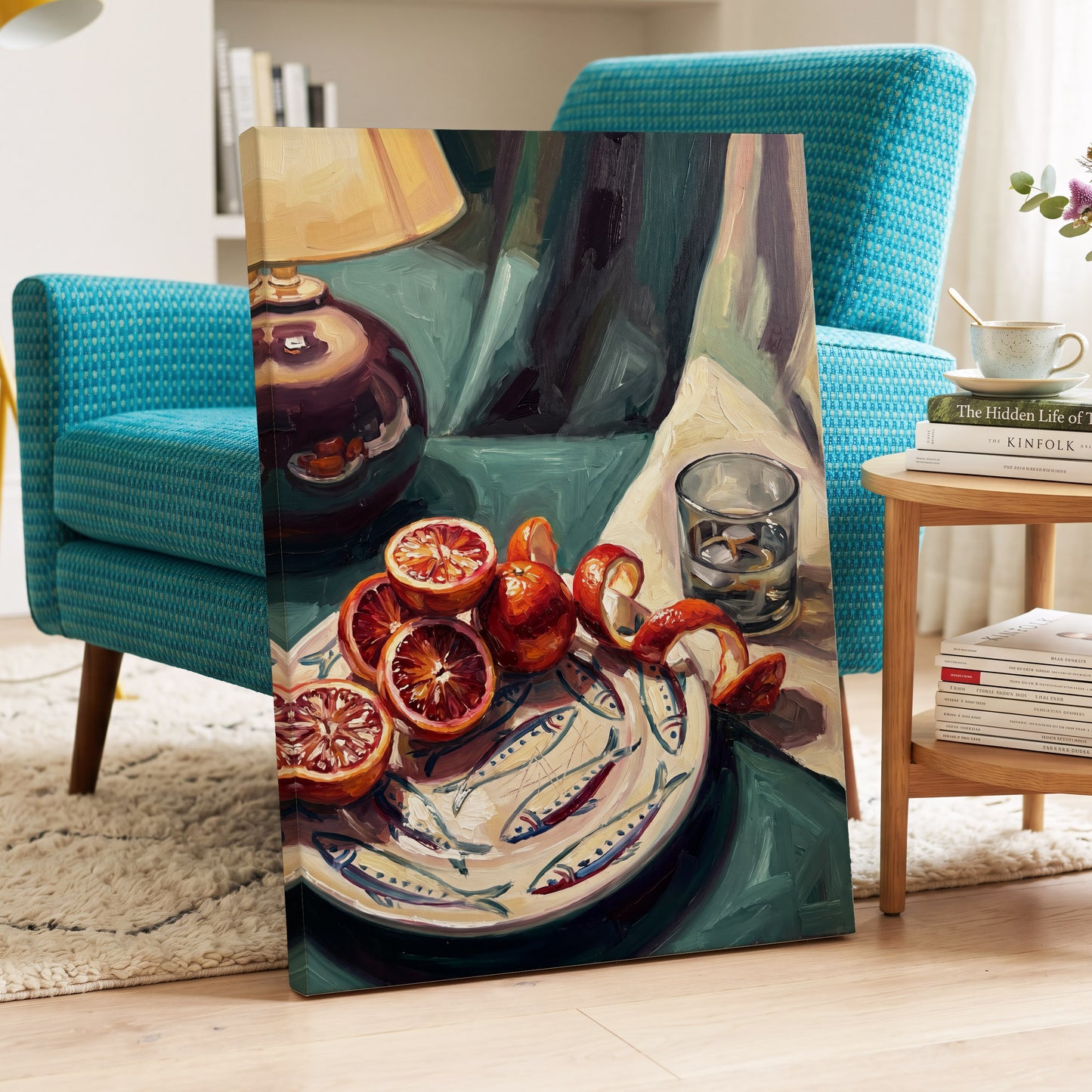 Blood Orange Lamplight, green, beige, orange abstract wall art displayed in a styled interior, gallery view 7