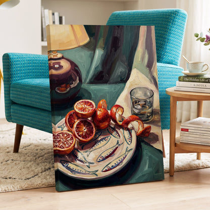 Blood Orange Lamplight, green, beige, orange abstract wall art displayed in a styled interior, gallery view 7