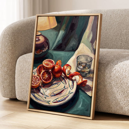 Blood Orange Lamplight, green, beige, orange abstract wall art displayed in a styled interior, gallery view 8