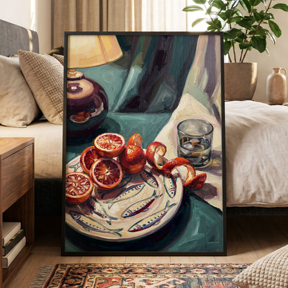Blood Orange Lamplight, green, beige, orange abstract wall art displayed in a styled interior, gallery view 9