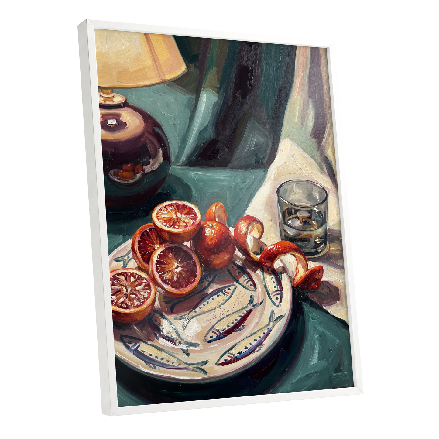 Blood Orange Lamplight, green, beige, orange abstract wall art shown as a white framed poster wall art print