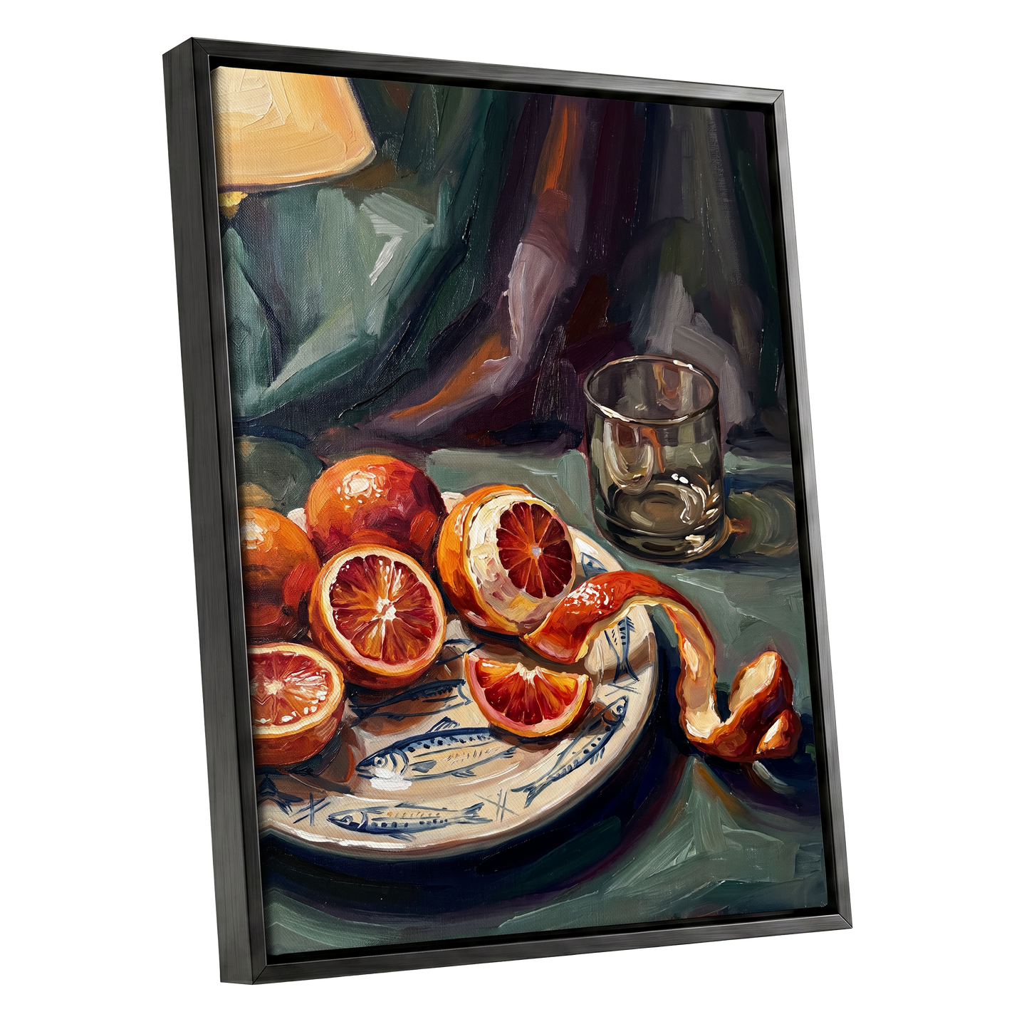 Blood Orange Reverie, green, orange, red nature wall art shown as a black framed canvas wall art