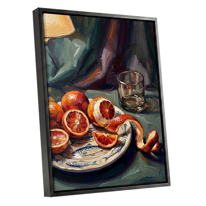 Blood Orange Reverie, green, orange, red nature wall art shown as a black framed canvas wall art
