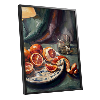 Blood Orange Reverie, green, orange, red nature wall art shown as a black framed poster wall art print