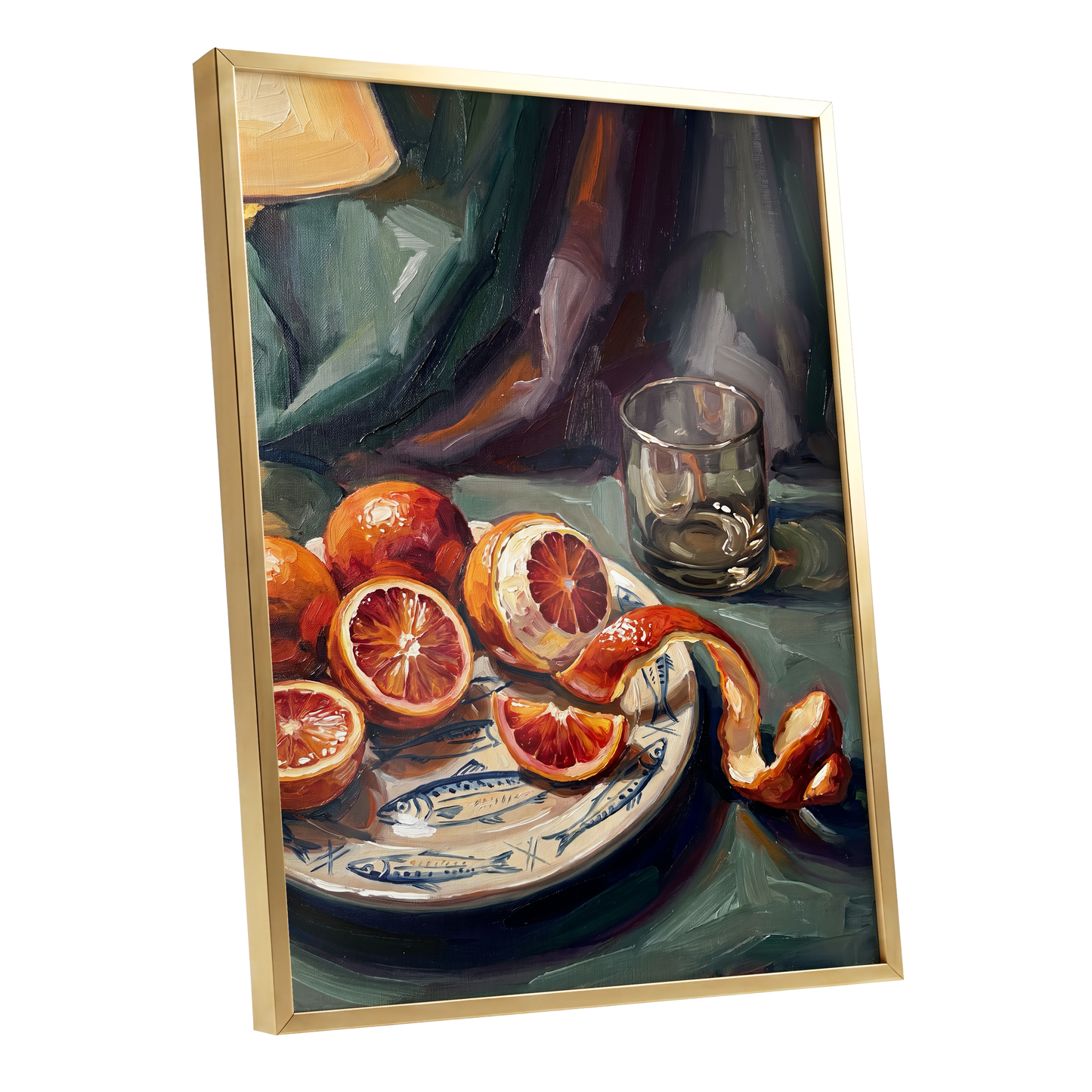 Blood Orange Reverie, green, orange, red nature wall art shown as a gold framed poster wall art print