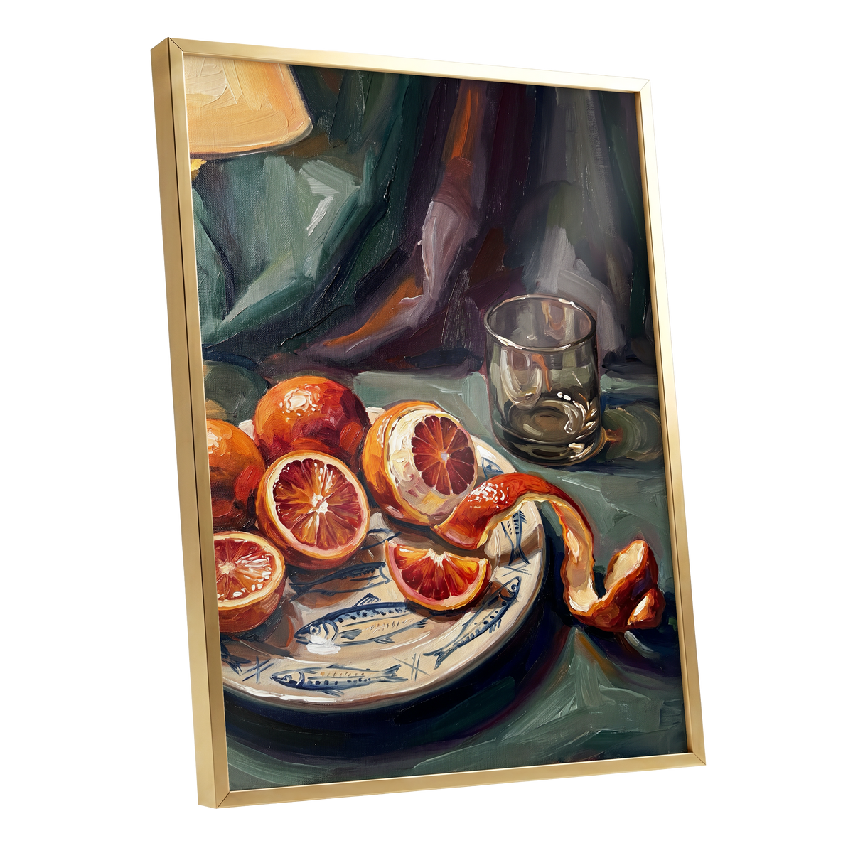 Blood Orange Reverie, green, orange, red nature wall art shown as a gold framed poster wall art print