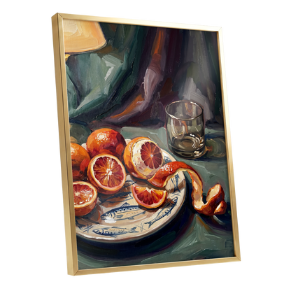 Blood Orange Reverie, green, orange, red nature wall art shown as a gold framed poster wall art print