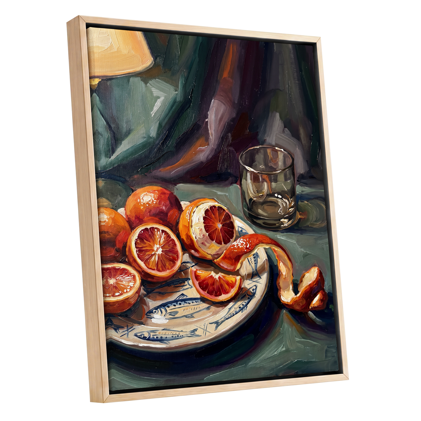 Blood Orange Reverie, green, orange, red nature wall art shown as a oak framed canvas wall art