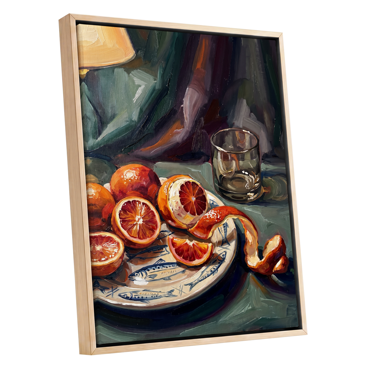 Blood Orange Reverie, green, orange, red nature wall art shown as a oak framed canvas wall art