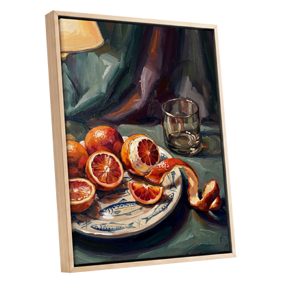 Blood Orange Reverie, green, orange, red nature wall art shown as a oak framed canvas wall art