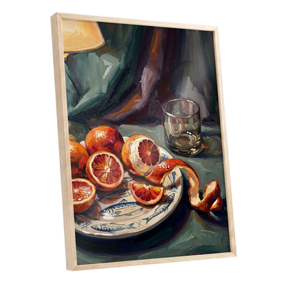 Blood Orange Reverie, green, orange, red nature wall art shown as a oak framed poster wall art print