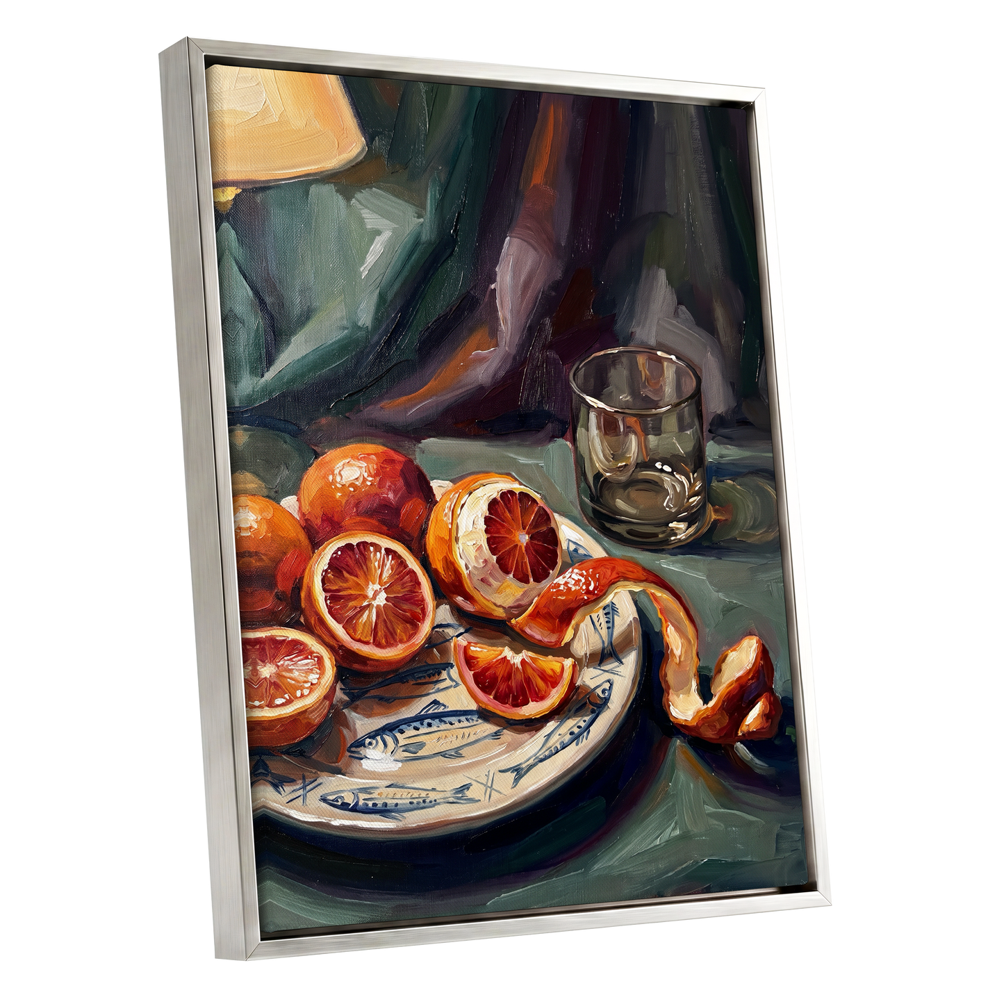 Blood Orange Reverie, green, orange, red nature wall art shown as a silver framed canvas wall art