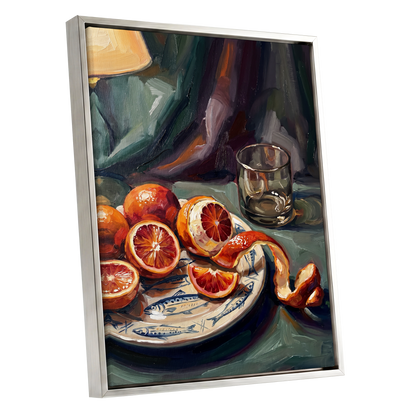 Blood Orange Reverie, green, orange, red nature wall art shown as a silver framed canvas wall art