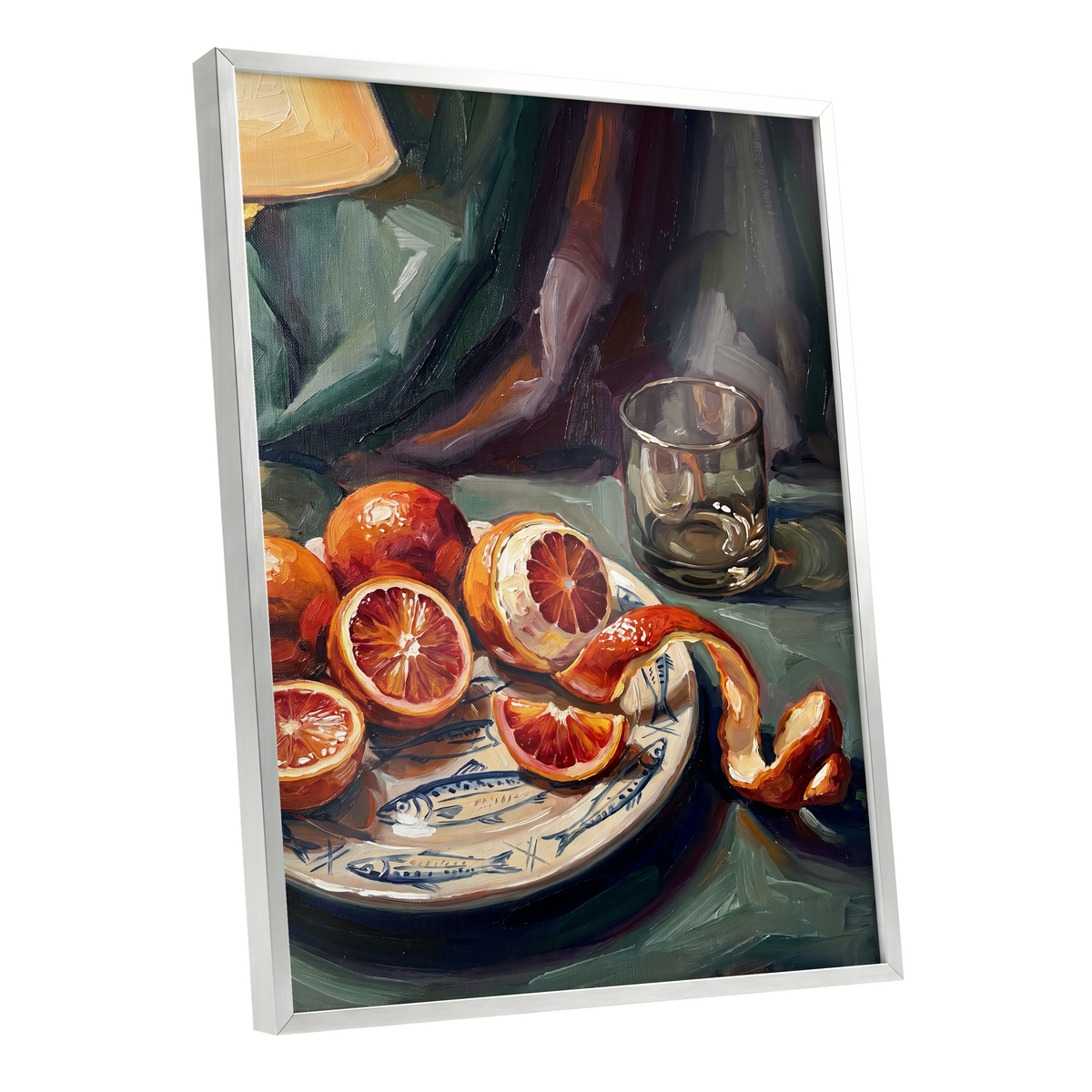 Blood Orange Reverie, green, orange, red nature wall art shown as a silver framed poster wall art print