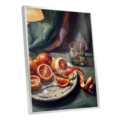 Blood Orange Reverie, green, orange, red nature wall art shown as a silver framed poster wall art print