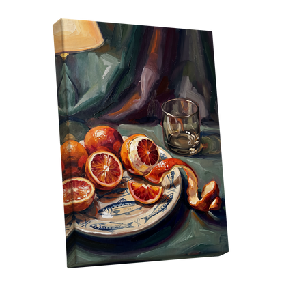 Blood Orange Reverie, green, orange, red nature wall art shown as a stretched canvas wall art