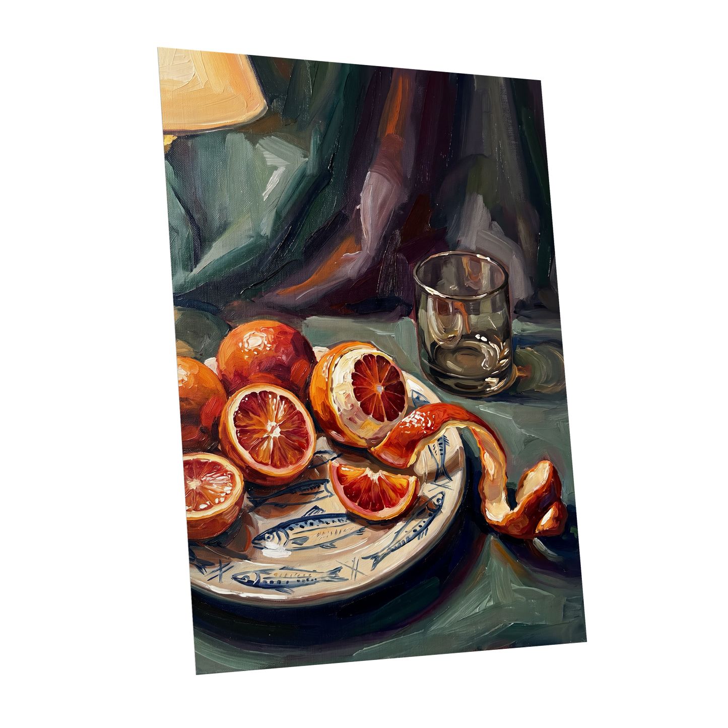 Blood Orange Reverie, green, orange, red nature wall art shown as a unframed poster wall art print