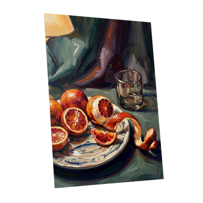 Blood Orange Reverie, green, orange, red nature wall art shown as a unframed poster wall art print