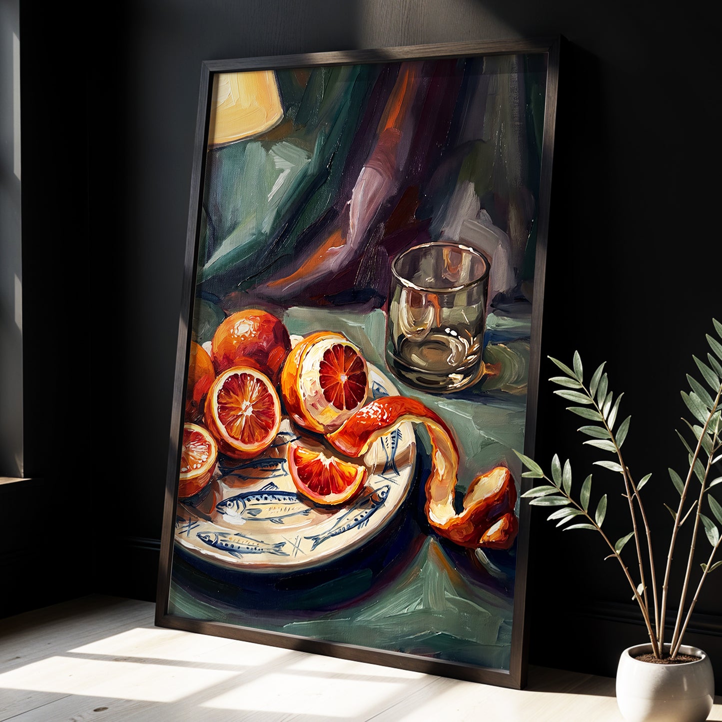 Blood Orange Reverie, green, orange, red nature wall art displayed in a styled interior, gallery view 2