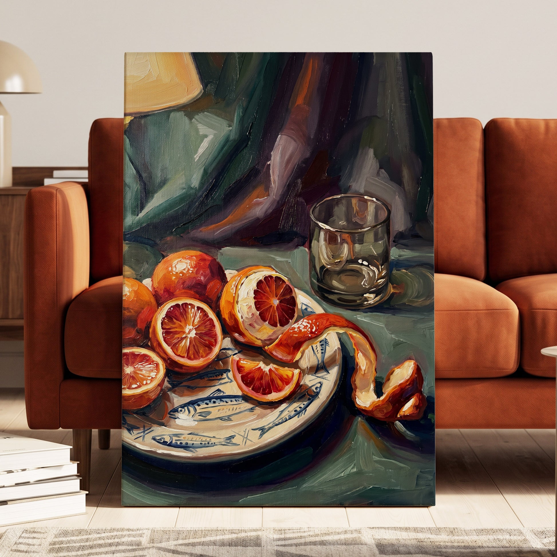 Blood Orange Reverie, green, orange, red nature wall art displayed in a styled interior, gallery view 3