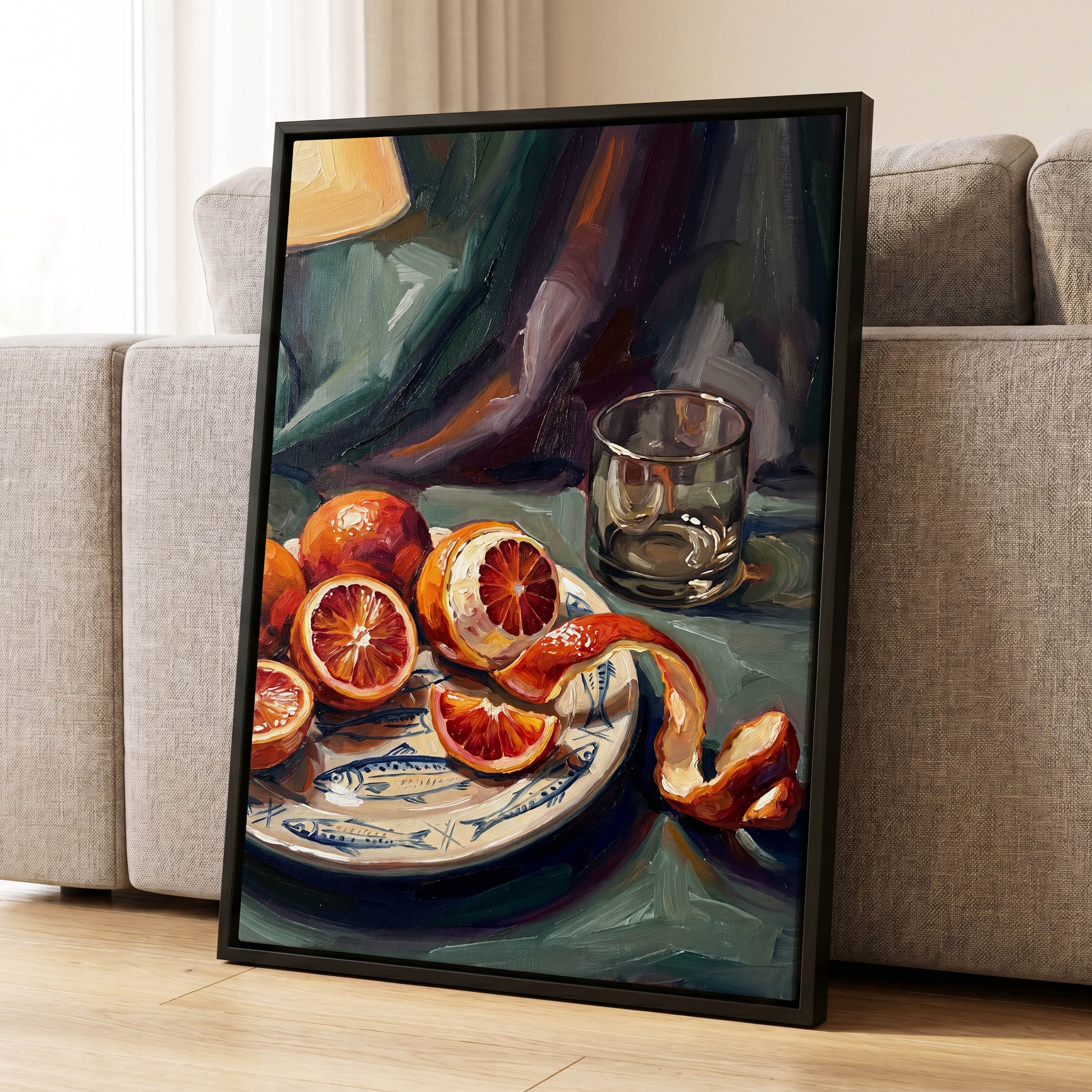 Blood Orange Reverie, green, orange, red nature wall art displayed in a styled interior, gallery view 4