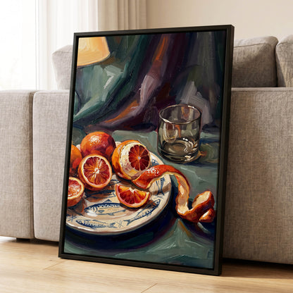 Blood Orange Reverie, green, orange, red nature wall art displayed in a styled interior, gallery view 4