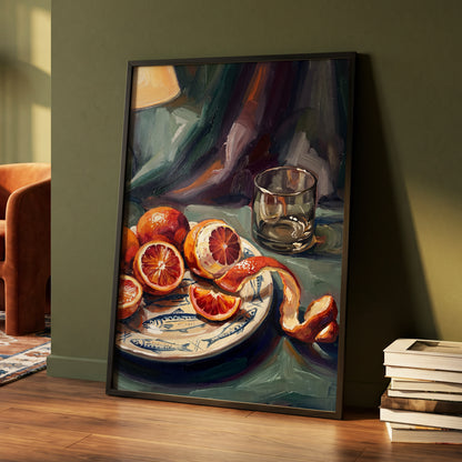Blood Orange Reverie, green, orange, red nature wall art displayed in a styled interior, gallery view 6