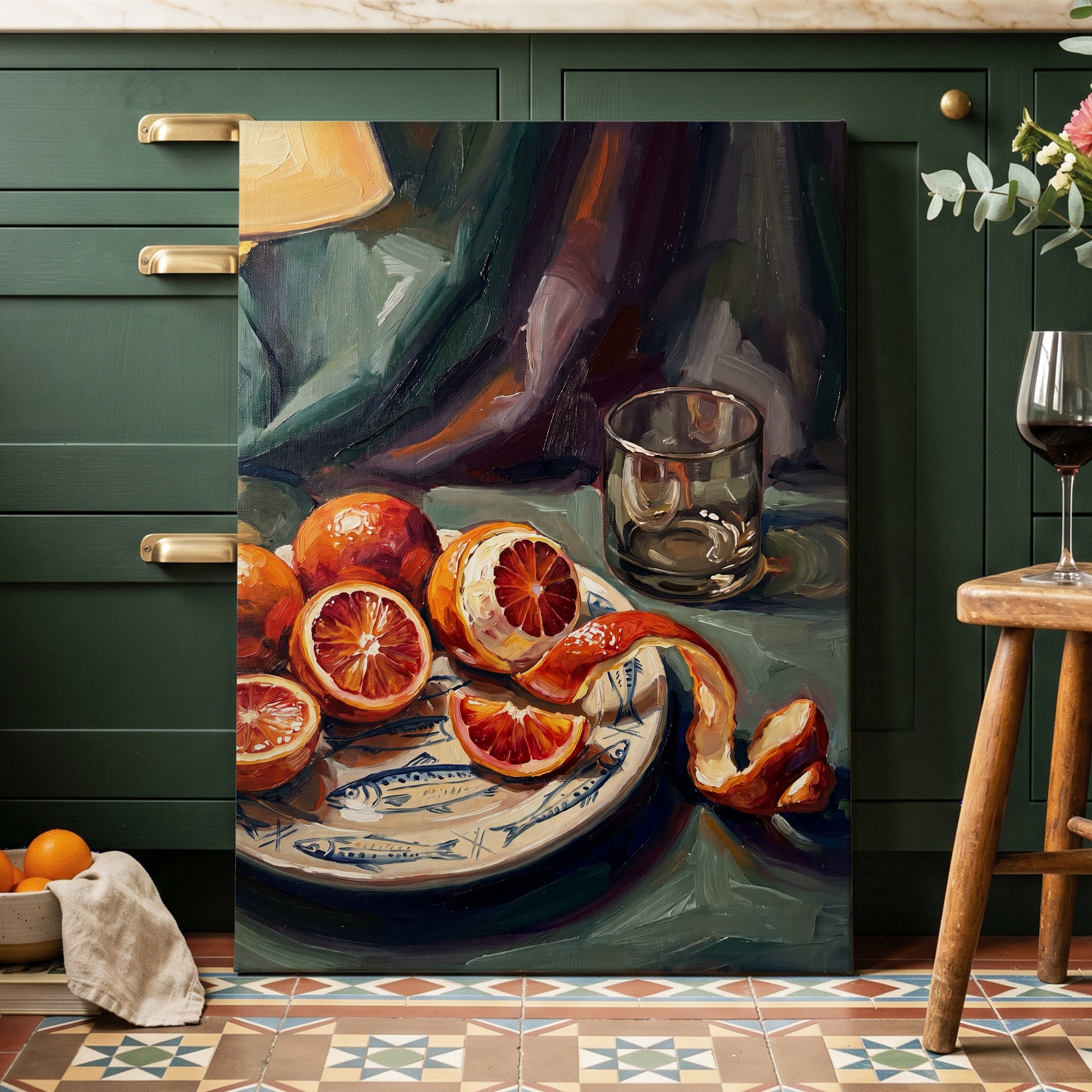 Blood Orange Reverie, green, orange, red nature wall art displayed in a styled interior, gallery view 7