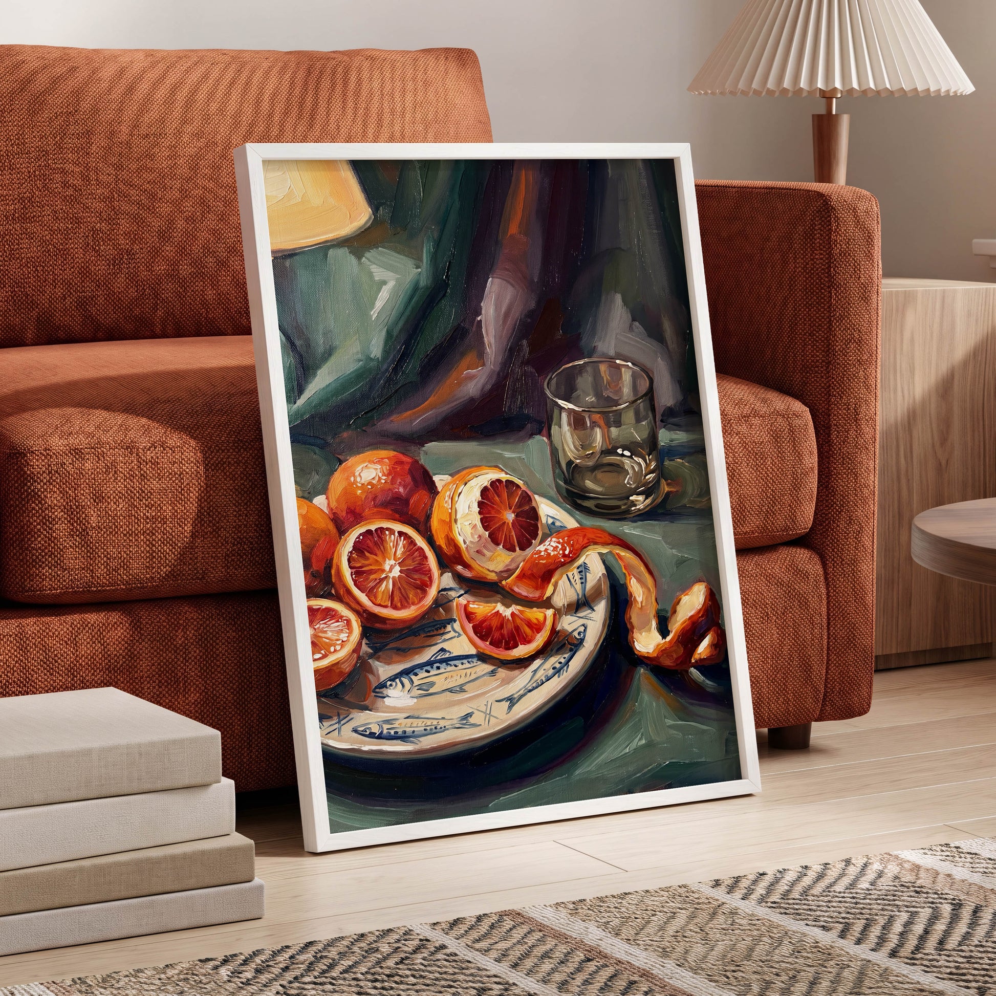 Blood Orange Reverie, green, orange, red nature wall art displayed in a styled interior, gallery view 9
