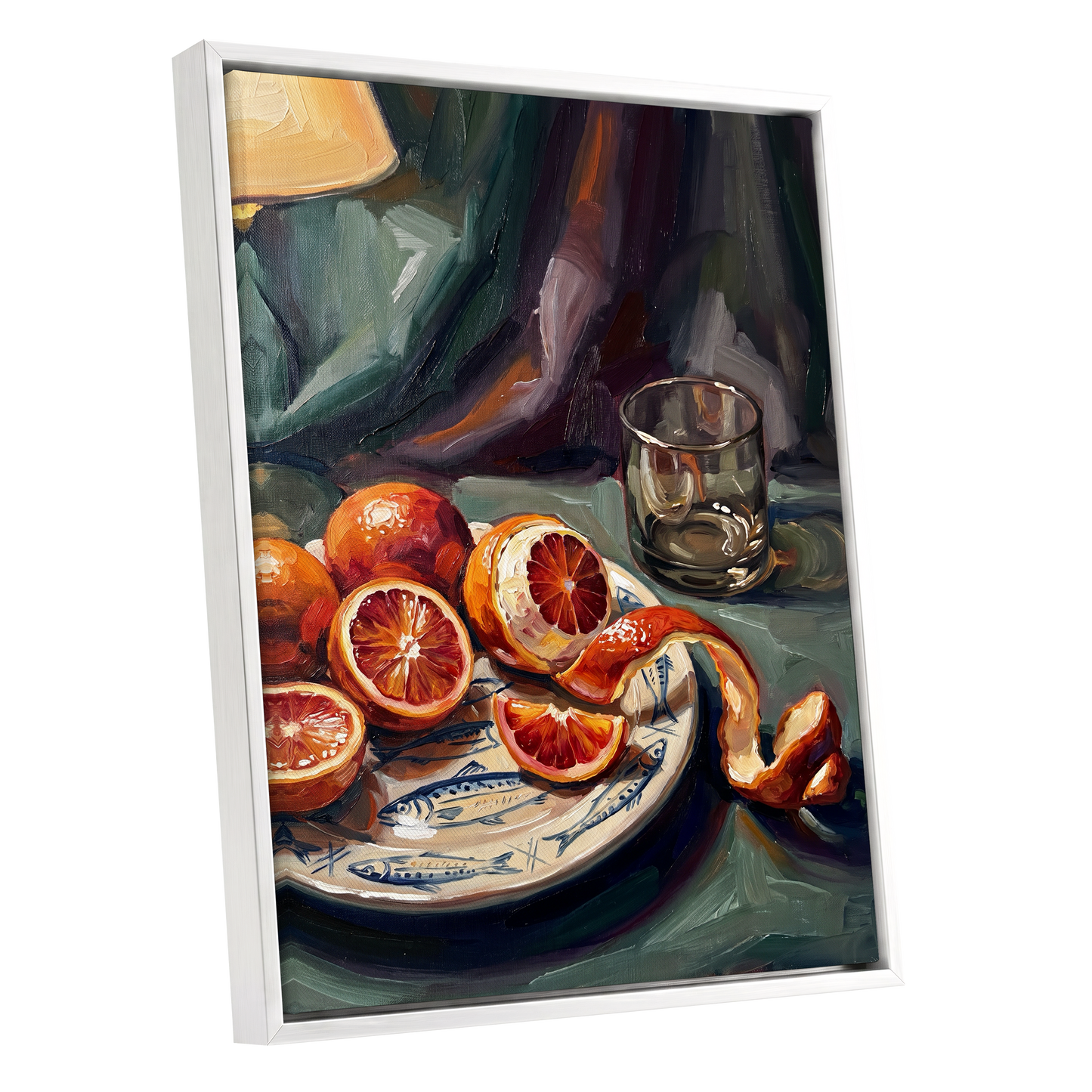 Blood Orange Reverie, green, orange, red nature wall art shown as a white framed canvas wall art