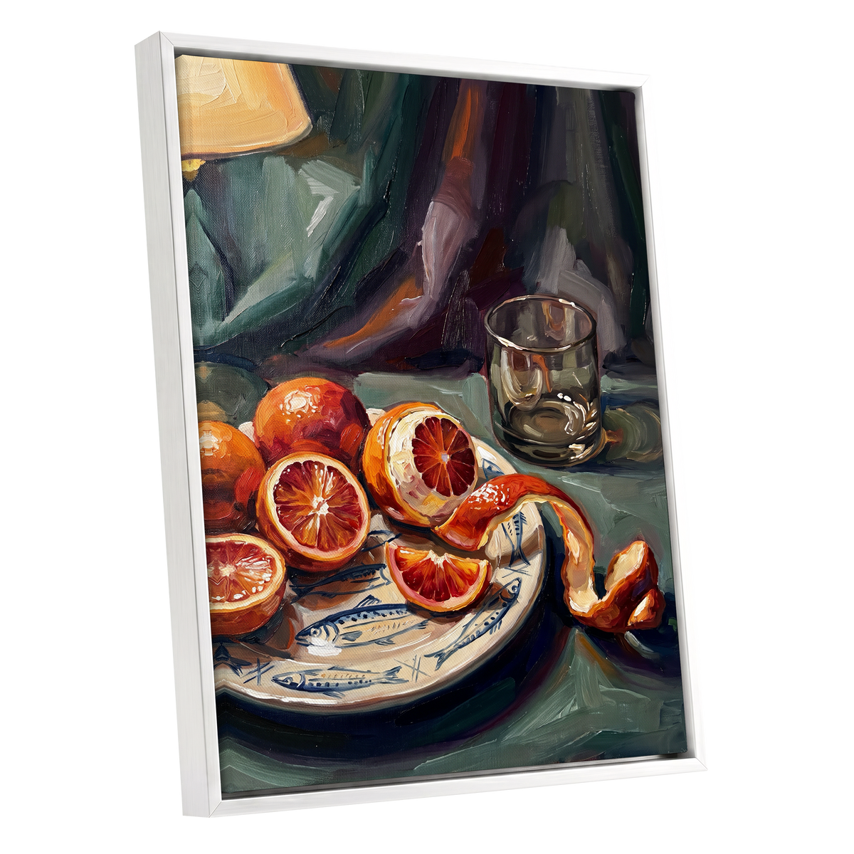 Blood Orange Reverie, green, orange, red nature wall art shown as a white framed canvas wall art