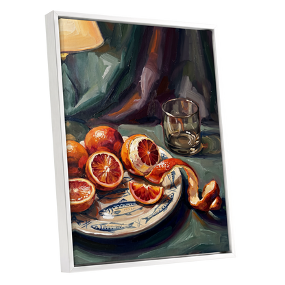 Blood Orange Reverie, green, orange, red nature wall art shown as a white framed canvas wall art