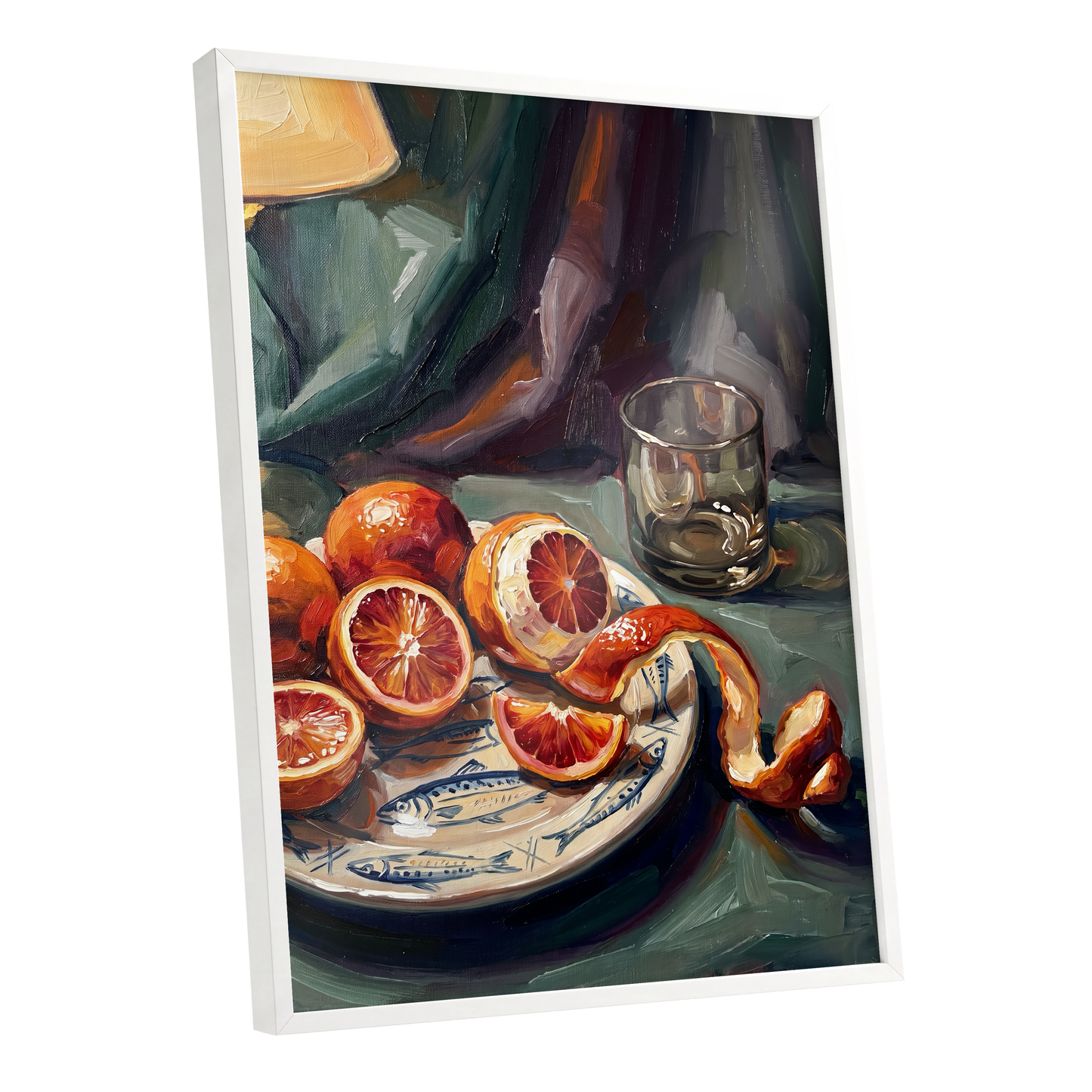 Blood Orange Reverie, green, orange, red nature wall art shown as a white framed poster wall art print