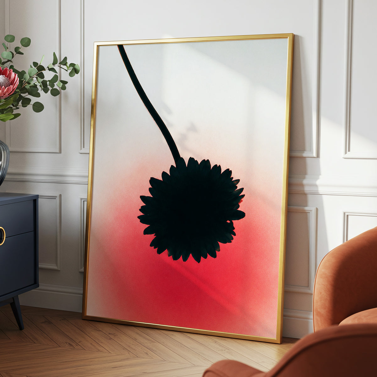 Bloom in Blush, black, pink, red floral wall art displayed in a styled interior, gallery view 2
