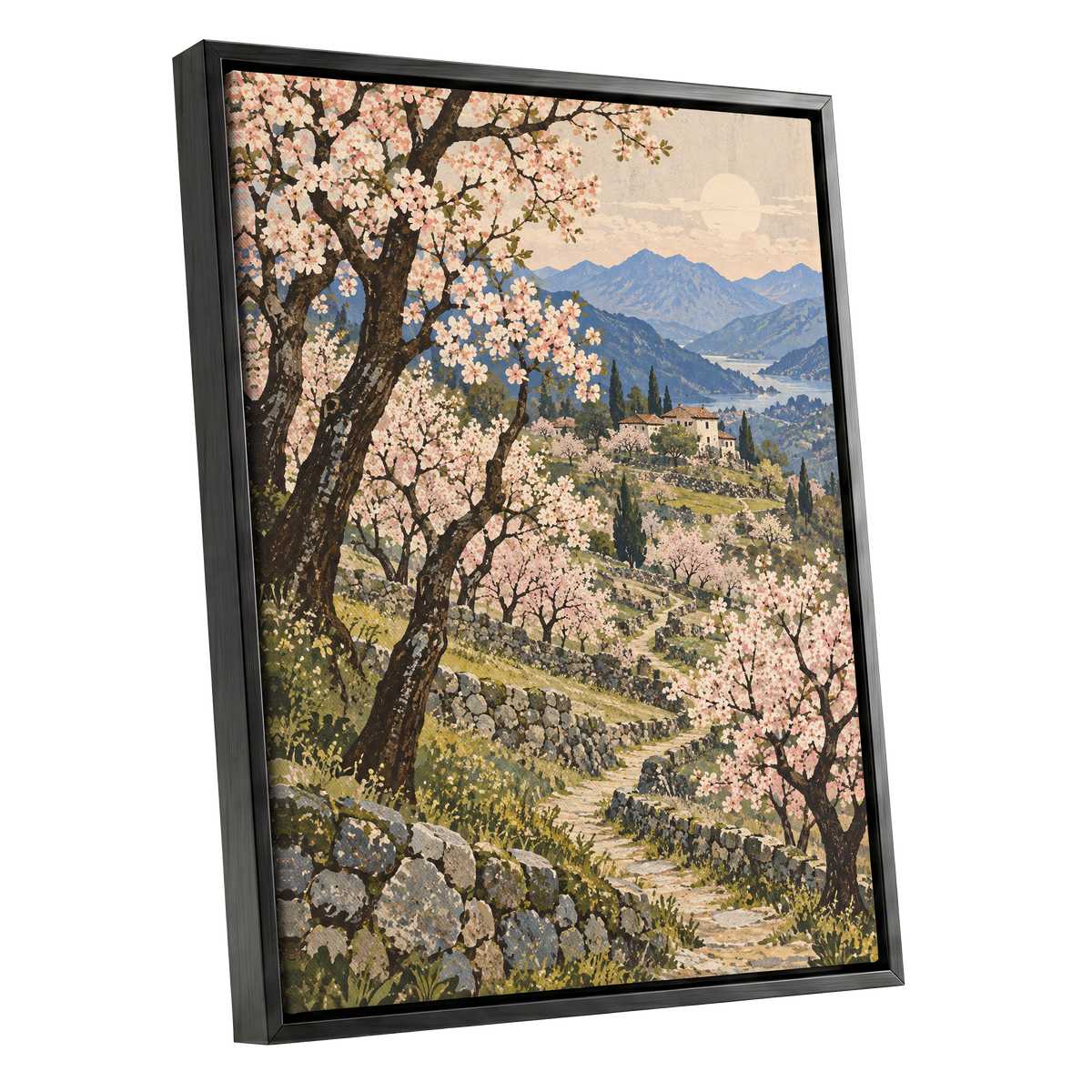 Blossom Above the Blue, pink, blue, green nature wall art shown as a black framed canvas wall art