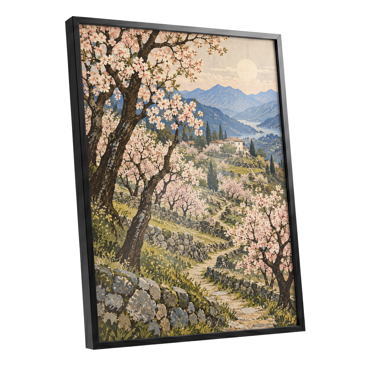 Blossom Above the Blue, pink, blue, green nature wall art shown as a black framed poster wall art print