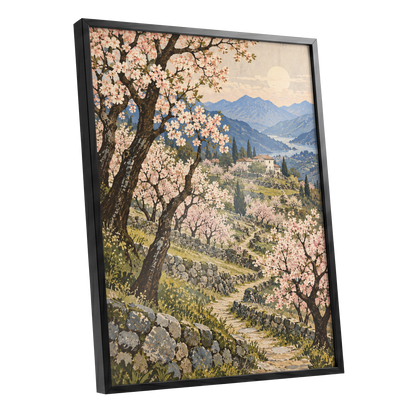 Blossom Above the Blue, pink, blue, green nature wall art shown as a black framed poster wall art print