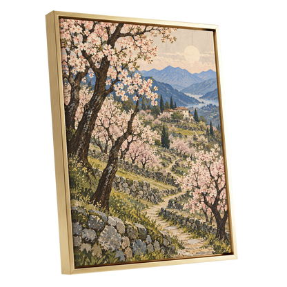 Blossom Above the Blue, pink, blue, green nature wall art shown as a gold framed canvas wall art