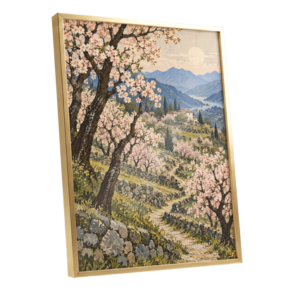 Blossom Above the Blue, pink, blue, green nature wall art shown as a gold framed poster wall art print