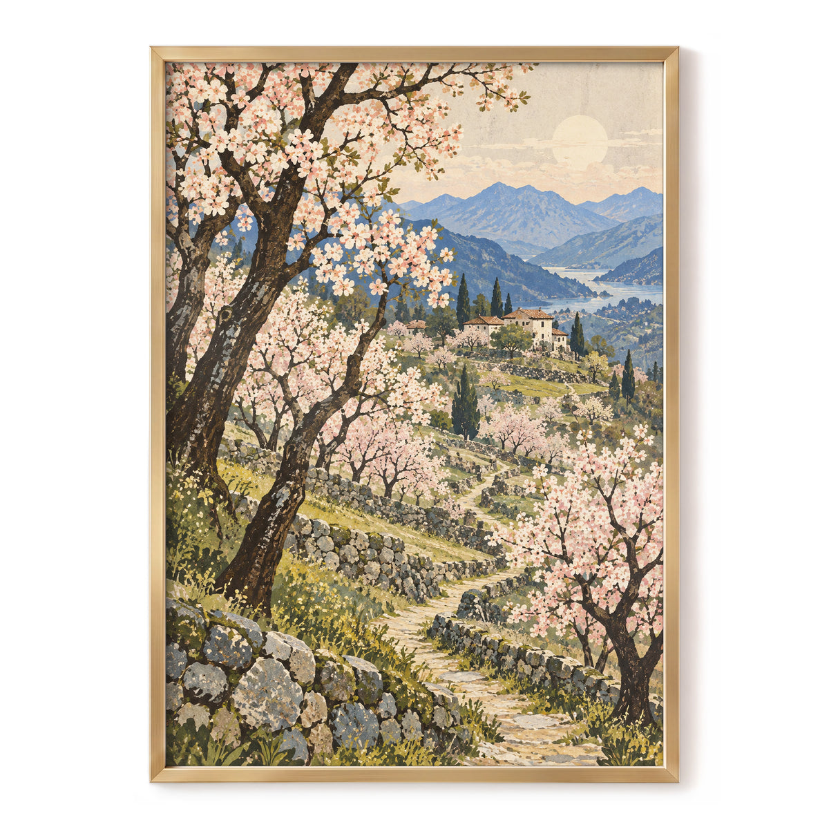 Blossom Above the Blue, pink, blue, green nature wall art, front artwork view