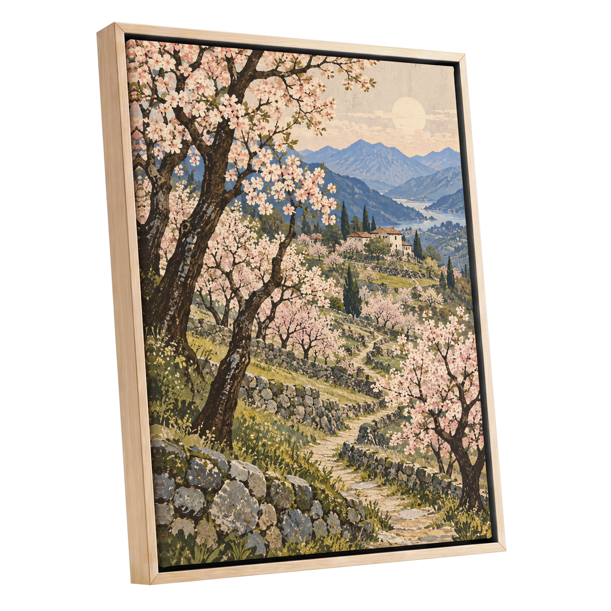 Blossom Above the Blue, pink, blue, green nature wall art shown as a oak framed canvas wall art