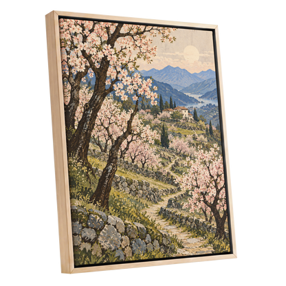 Blossom Above the Blue, pink, blue, green nature wall art shown as a oak framed canvas wall art