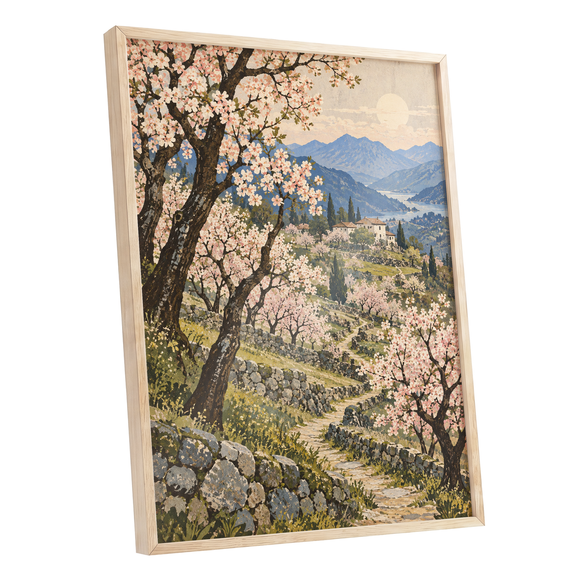 Blossom Above the Blue, pink, blue, green nature wall art shown as a oak framed poster wall art print