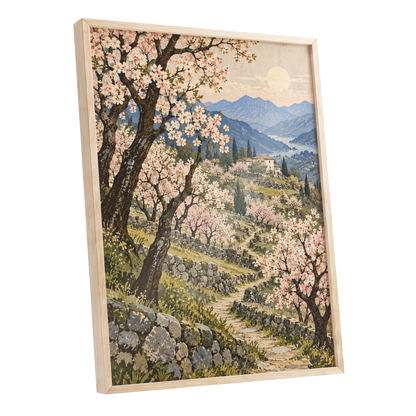 Blossom Above the Blue, pink, blue, green nature wall art shown as a oak framed poster wall art print